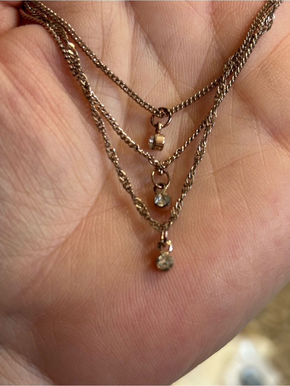 Delicate Triple-Layer Gold toned Necklace with crystal Drops